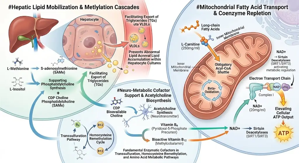 Hepatic Lipid Mobilization & Methylation Cascades: L-Methionine serves as an essential sulfur-containing lipotropic amino acid that acts as a precursor to S-adenosylmethionine (SAMe). In combination with L-Inositol and CDP Choline, it facilitates the export of triglycerides from hepatic tissue by supporting phosphatidylcholine synthesis, preventing abnormal lipid accumulation within hepatocyte cultures. Mitochondrial Fatty Acid Transport & Coenzyme Repletion: High-concentration L-Carnitine (250mg/ml) acts as an obligatory acyl-CoA shuttle, transporting long-chain fatty acids across the inner mitochondrial membrane for beta-oxidation. Concurrently, NAD+ (20mg/ml) provides the vital oxidizing coenzyme required by Complex I of the electron transport chain and sirtuin deacetylases (SIRT1/SIRT3), elevating cellular ATP output. Neuro-Metabolic Cofactor Support & Acetylcholine Biosynthesis: CDP Choline provides bioavailable choline to support phospholipid membrane integrity and acetylcholine synthesis. Vitamin B6 (pyridoxal-5-phosphate precursor) and bioactive Vitamin B12 (methylcobalamin) act as fundamental enzymatic cofactors in transsulfuration, homocysteine remethylation, and amino acid metabolic pathways.